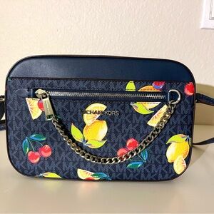NWT Michael Kors Jet Set Fruit Print Crossbody Purse Bag Navy